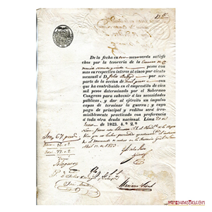 LIBRANZA DE 67 PESOS DEL PERÚ AÑO 1823.