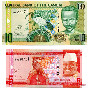 BILLETES DE 10 Y 5 DALASIS DE GAMBIA EN ALTO GRADO