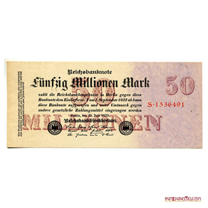 BILLETE INFLACIONARIO DE 50.000.000 DE MARCOS ALEMANES DE 1923 EN ALTO GRADO DE CONSERVACIÓN