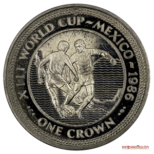 GRAN CORONA DE ISLA DE MAN CONMEMORATIVO DEL MUNDIAL DE MÉXICO TIPO JUGADORES SOBRE EL MAPA