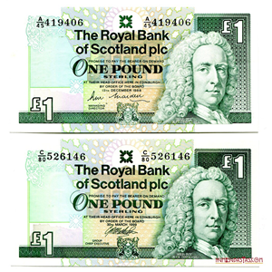 DOS BILLETES DE 1 LIBRA ESTERLINA DEL ROYAL BANK DE ESCOCIA AÑOS 1988 Y 1999
