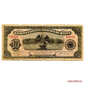 BILLETE DE 10 PESOS DE 1914 DEL EJÉRCITO CONSTITUCIONALISTA DE MÉXICO