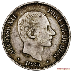 50 CÉNTIMOS DE PESO ESPAÑOL DE LAS FILIPINAS DE 1885, CON EL BUSTO DE ALFONSO XII