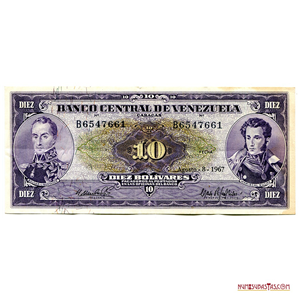 ATRACTIVO BILLETE DE 10BS DE AGOSTO – 8 – 1967, SERIE B7