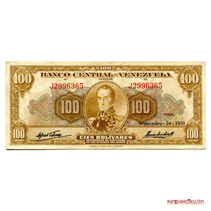 BILLETE DE 100BS DE SEPTIEMBRE – 24- 1959 SERIE J7 EN BUEN GRADO