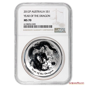 ONZA DE PLATA PURA DEL DRAGÓN: 1$, AUSTRALIA 2012, ENCAPSULADA NGC MS70