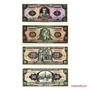 HERMOSO SET DE 50, 20, 10 Y 5 SUCRES DEL AÑO 1988 EN ALTO GRADO DE CONSERVACIÓN