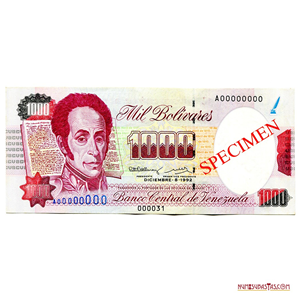 SPECIMEN DEL BILLETE DE 1.000BS DE DICIEMBRE-8-1992
