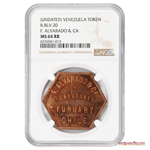 RARA PRUEBA DE 5 BOLÍVARES DE YURUARY, F. ALVARADO & CO, CIRCA 1880S. ACABADO FONDO ESPEJO. NGC MS64 RED BROWN.