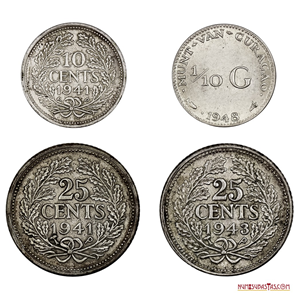LOTE DE 4 MONEDAS DE PLATA DE CURAZAO 1941-1948, ESCASAS