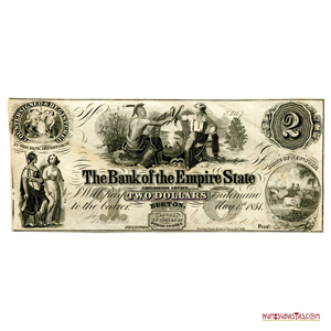 BILLETE DE 2$ DE 1851 DEL BANCO DEL EMPIRE STATE, CONDADO DE CATTARAUGUS