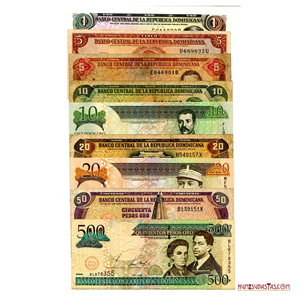 9 BILLETES DE 500, 50, 20, 10, 5 Y 1 PESOS ORO DE REPÚBLICA DOMINICANA
