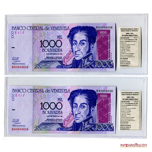 DIFICIL PAREJA CONSECUTIVA DE 1.000BS 1998 B8 PEDIGRÍ COLECCIÓN SERGIO SUCRE