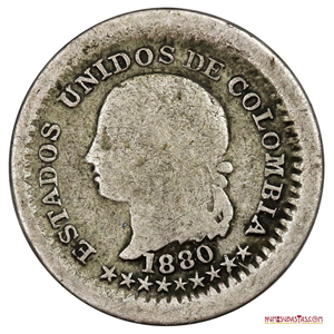 MONEDA DE PLATA DE 5 CENTAVOS ACUÑADA EN BOGOTÁ EN EL AÑO 1880