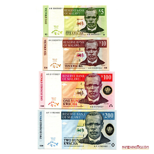 SET DE BILLETES DE MALAWI: 200, 100, 10 Y 5 KWACHA DE 1997
