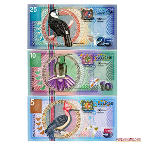 SET DE HERMOSOS BILLETES DE 25, 10 Y 5 GULDEN DE SURINAM DEL AÑO 2000