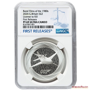 “LICENCIA PARA MATAR” DE JAMES BOND EN 1 ONZA DE PLATA PURA PROOF, ENCAPSULADO NGC PROOF69 ULTRACAMEO