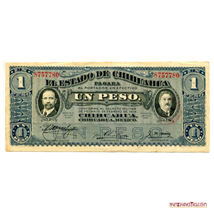 BILLETE “2 CARITAS” DE 1 PESO DE CHIHUAHUA DEL AÑO 1914, ALTO GRADO DE CONSERVACIÓN