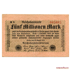 BILLETE INFLACIONARIO DE 5.000.000 DE MARCOS DE 1923 EN BUEN GRADO DE CONSERVACIÓN