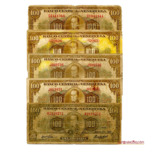 LOTE DE 5 BILLETES DE 100BS 1952 D7, 1958 J6, 1958 J6, 1958 J6 Y 1960 K7
