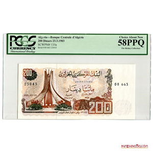 BILLETE DE ARGELIA DE 200 DINARES DE 1983 ENCAPSULADO PCGS AU58 PPQ