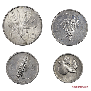 LOTE DE LAS ESCASAS MONEDAS DE 10, 5, 2 Y 1 LIRA DE LA REPÚBLICA ITALIANA POST IIGM