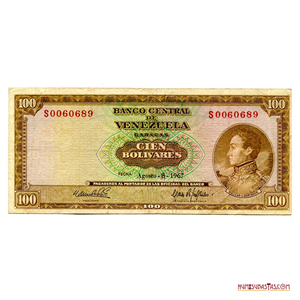 BILLETE DE 100BS DE AGOSTO-8-1967 SERIAL S0060689