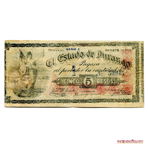 BILLETE DE EMERGENCIA DE 5 PESOS DEL ESTADO DE DURANGO EMITIDO EN 1914