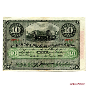 10 PESOS COLONIALES CUBANOS DE 1896 CON SELLO DE PLATA
