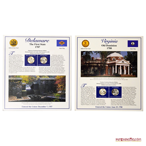 ¼$ DE DELAWARE Y VIRGINIA EN PRESENTACIÓN CON ESTAMPILLAS, CECAS FILADELFIA Y DENVER
