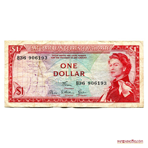 BILLETE DE 1$ DE EAST CARIBBEAN VARIANTE CON LOS NOMBRES COMPLETOS EN EL REVERSO