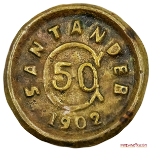 50 CENTAVOS DE SANTANDER 1902 ACUÑADA EN CASQUILLO DE BALA