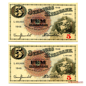 PAREJA CONSECUTIVA DE 5 KRONOR SUECOS DEL AÑO 1948