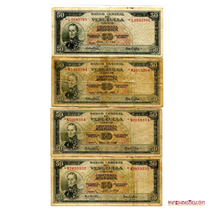 LOTE DE 4 BILLETES DE 50BS 1964 L7, 1965 M7, 1966 N7 Y 1970 R7