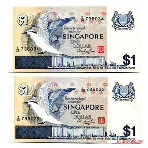 PAREJA CONSECUTIVA DE BILLETES DE 1 DÓLAR DE SINGAPUR, 1976