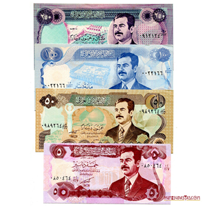 LOTE DE 4 BILLETES DE IRAQ CON EL BUSTO DE SADAM HUSSEIN