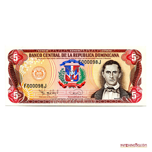 5 PESOS DOMINICANOS DE 1995, SERIAL BAJO F000098J