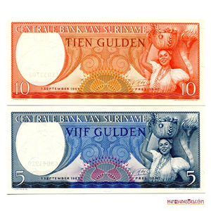 SET DE BILLETES DE SURINAM DE 10 Y 5 GULDEN DEL AÑO 1963