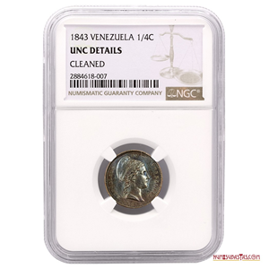 ESPECTACULAR ¼ CENTAVO MONAGUERO DE 1843 ENCAPSULADO NGC UNC