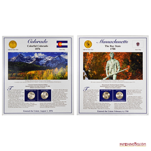 ¼$ DE COLORADO Y MASSACHUSETTS EN PRESENTACIÓN CON ESTAMPILLAS, CECAS FILADELFIA Y DENVER