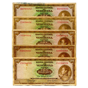 LOTE DE 5 BILLETES DIFERENTES DE 100BS 1971 B7, 1971 Z7, 1972 C7, 1972 D7 Y 1973 E7
