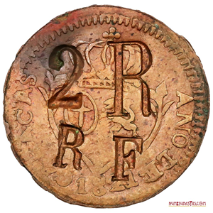 RESELLO “2R RF”, SOBRE ¼ REAL DE 1821, CIRCA 1844. ESCASO Y MÁS EN ESTA CONDICIÓN. EX COLECCIÓN FRED BADLER