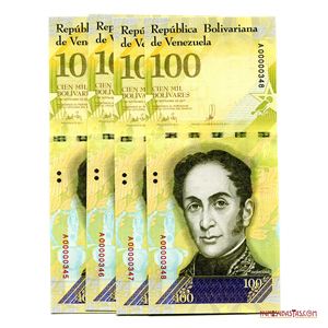 CUARTETO CONSECUTIVO DE 100.000BS 2017 SERIALES BAJOS A00000345 - 348 
