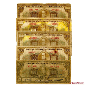 LOTE DE 5 BILLETES DE 100BS 1952 D7, 1958 J6, 1958 J6, 1958 J6 Y 1960 K7