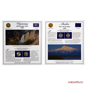 ¼$ DE WYOMING Y ALASKA EN PRESENTACIÓN CON ESTAMPILLAS, CECAS FILADELFIA Y DENVER