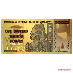 REPLICA EN ORO DEL BILLETE DE 100.000.000.000.000 DOLLARS DE ZIMBADWE 2008