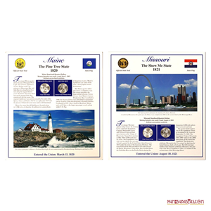 ¼$ DE MAINE Y MISSOURI EN PRESENTACIÓN CON ESTAMPILLAS, CECAS FILADELFIA Y DENVER