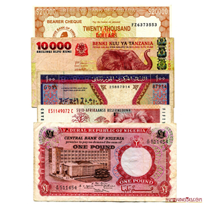 LOTE DE 5 BILLETES AFRICANOS, ALGUNOS ESCASOS