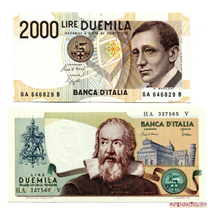 PAR DE BILLETES ITALIANOS EN ALTO GRADO DE CONSERVACIÓN, 2.000 LIRAS DE 1973 Y 1990