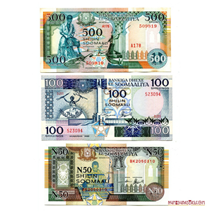 LOTE DE 3 BILLETES DE SOMALIA 500, 100 Y N50 SHILLINGS